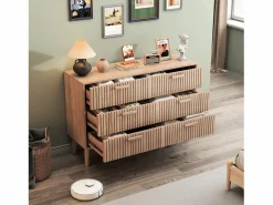 Online Cómoda de dormitorio de madera y ratán con 6 cajones, mueble de almacenaje multifuncional, armario de madera natural con cajones. Cómoda