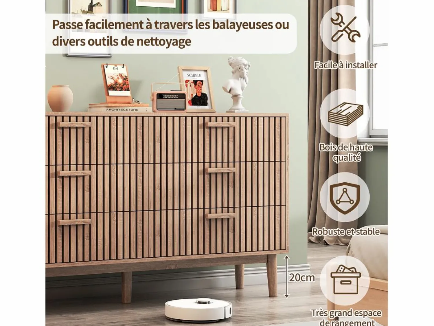 Online Cómoda de dormitorio de madera y ratán con 6 cajones, mueble de almacenaje multifuncional, armario de madera natural con cajones. Cómoda