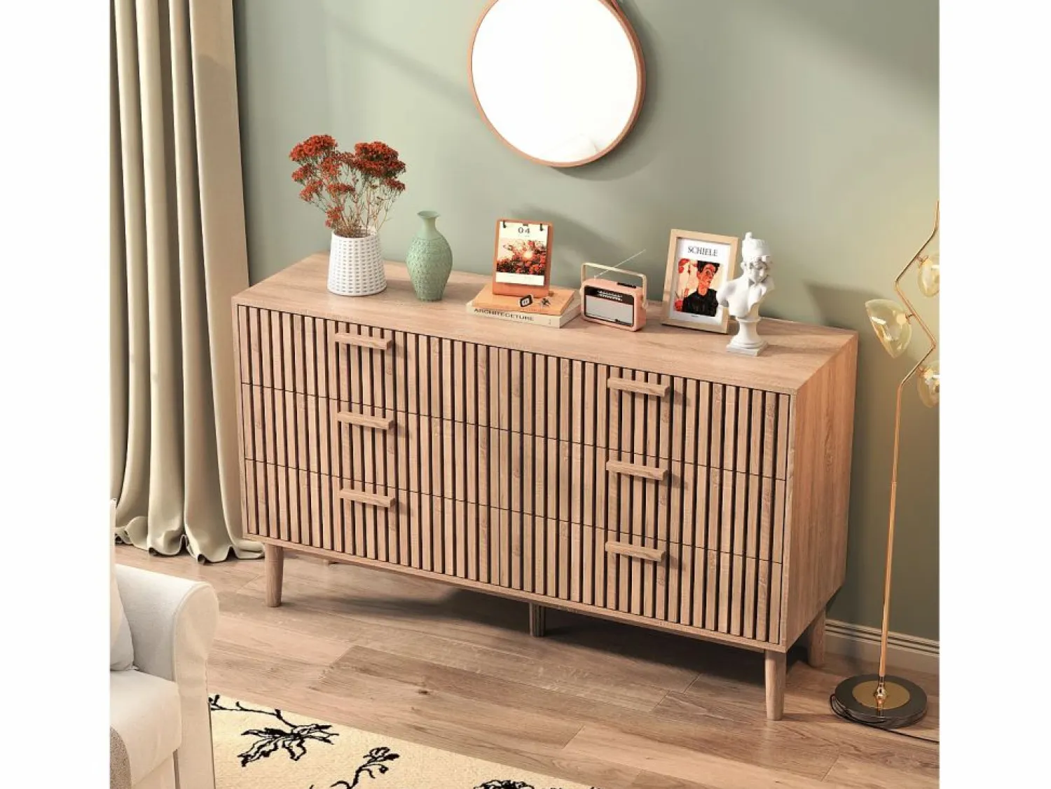 Online Cómoda de dormitorio de madera y ratán con 6 cajones, mueble de almacenaje multifuncional, armario de madera natural con cajones. Cómoda