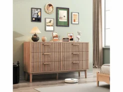 Online Cómoda de dormitorio de madera y ratán con 6 cajones, mueble de almacenaje multifuncional, armario de madera natural con cajones. Cómoda