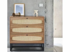 Sweeek Cómoda de madera y caña, 3 cajones natural Marru00f3n