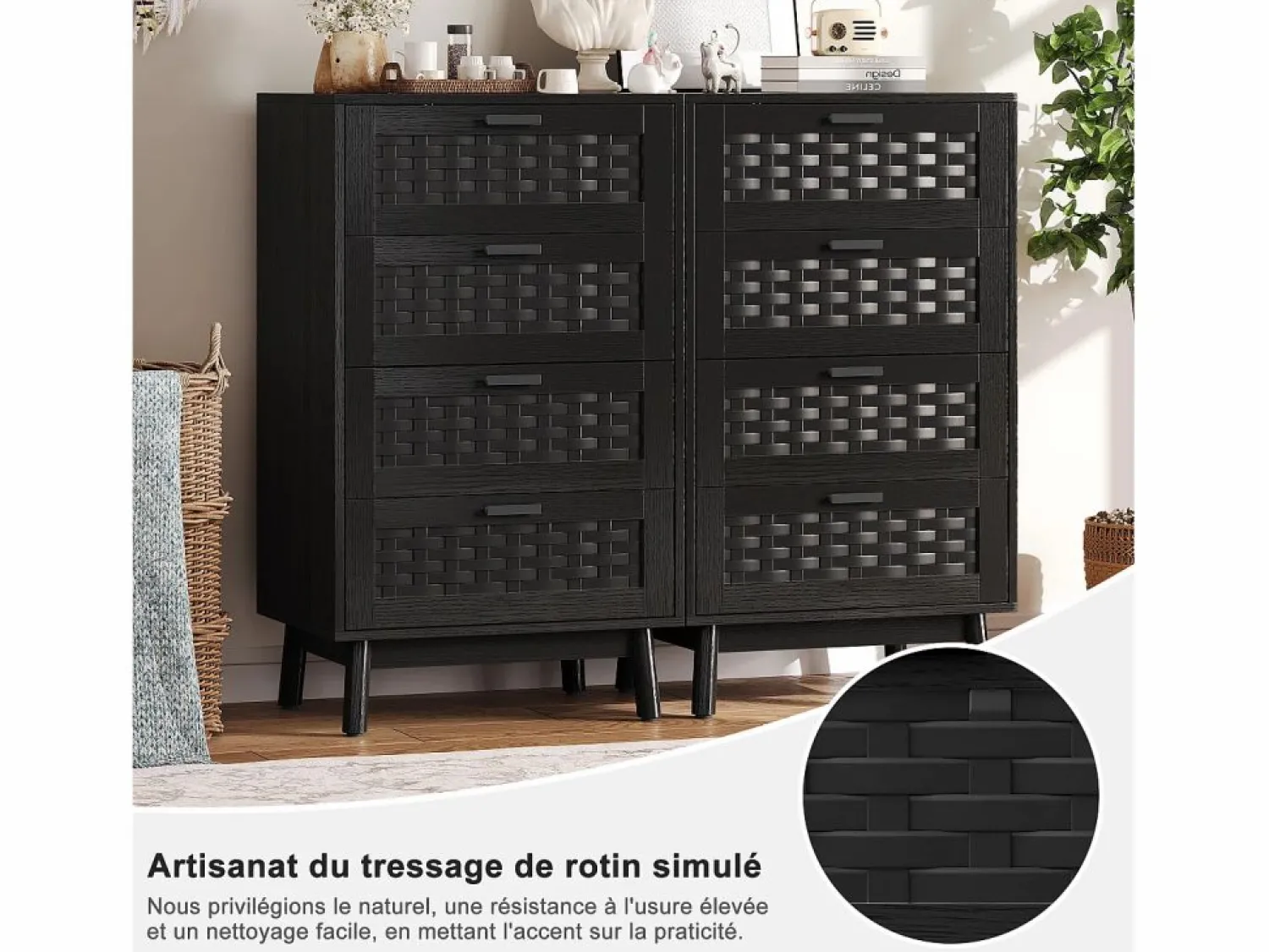 Hot Cómoda de mimbre con 4 cajones - con tiradores y patas - 55 x 39,8 x 95 cm - mueble de almacenaje - Negro