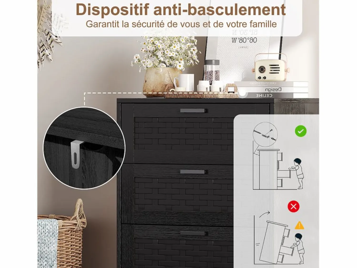 Hot Cómoda de mimbre con 4 cajones - con tiradores y patas - 55 x 39,8 x 95 cm - mueble de almacenaje - Negro