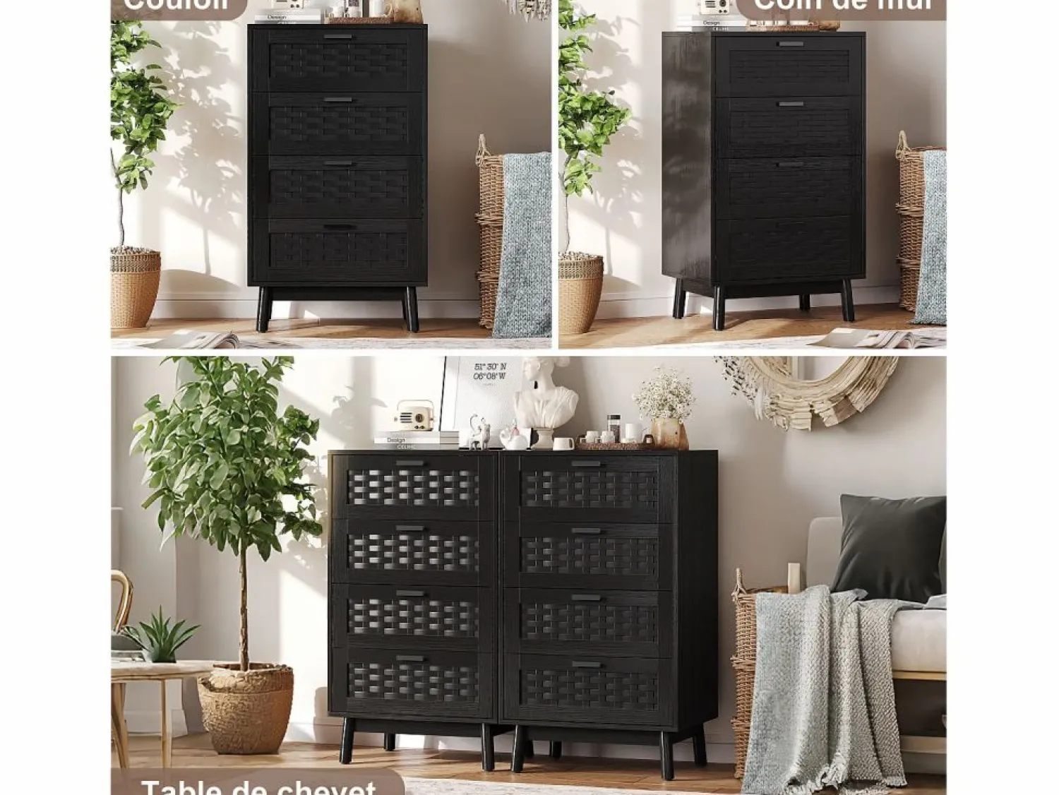Hot Cómoda de mimbre con 4 cajones - con tiradores y patas - 55 x 39,8 x 95 cm - mueble de almacenaje - Negro
