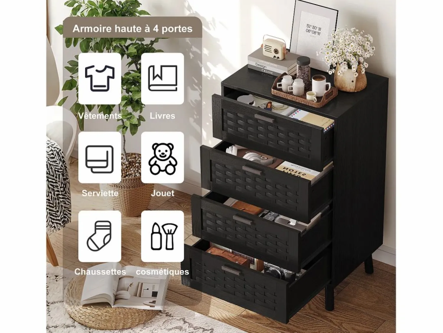 Hot Cómoda de mimbre con 4 cajones - con tiradores y patas - 55 x 39,8 x 95 cm - mueble de almacenaje - Negro