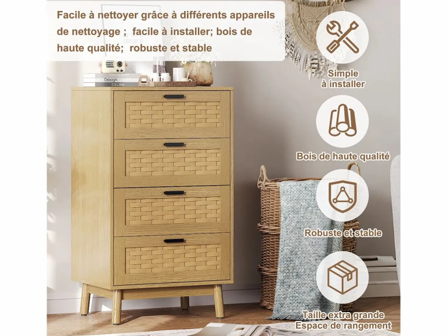 Hot Cómoda de mimbre con 4 cajones - con tiradores y patas - 55 x 39,8 x 95 cm - mueble de almacenaje - color roble Muebles Niño