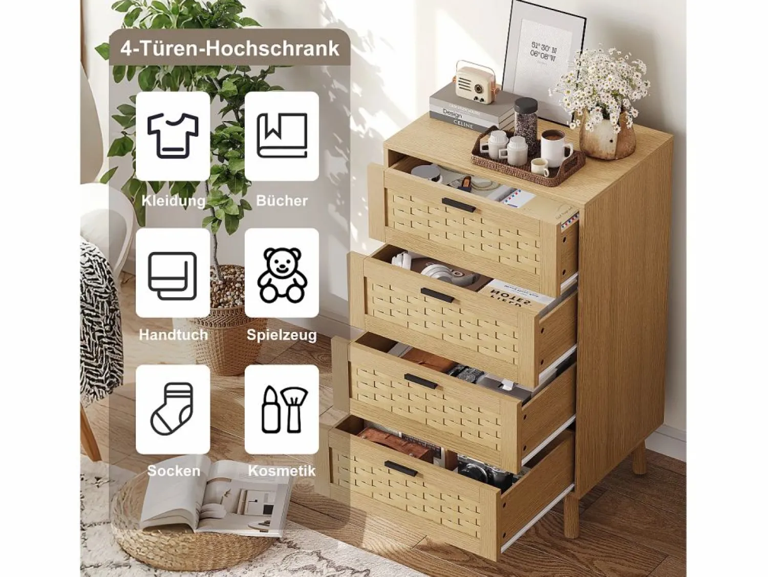 Hot Cómoda de mimbre con 4 cajones - con tiradores y patas - 55 x 39,8 x 95 cm - mueble de almacenaje - color roble Muebles Niño