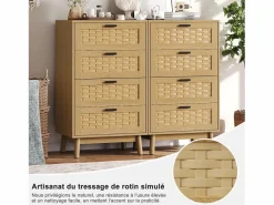Hot Cómoda de mimbre con 4 cajones - con tiradores y patas - 55 x 39,8 x 95 cm - mueble de almacenaje - color roble Muebles Niño