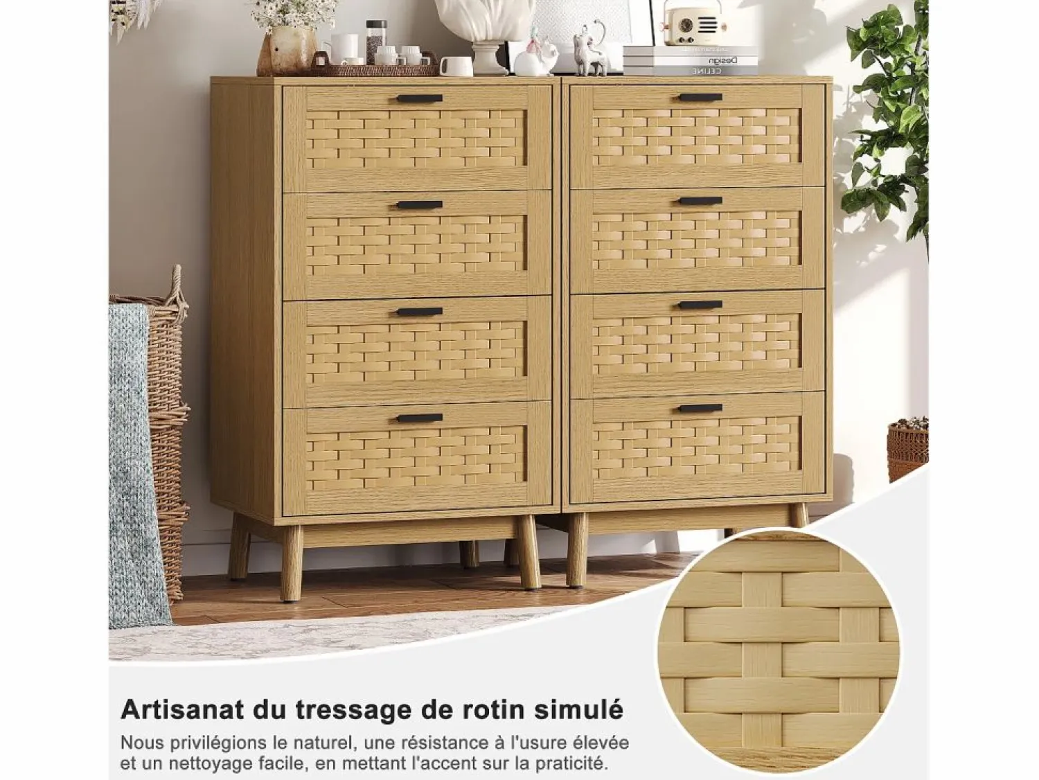 Hot Cómoda de mimbre con 4 cajones - con tiradores y patas - 55 x 39,8 x 95 cm - mueble de almacenaje - color roble Muebles Niño