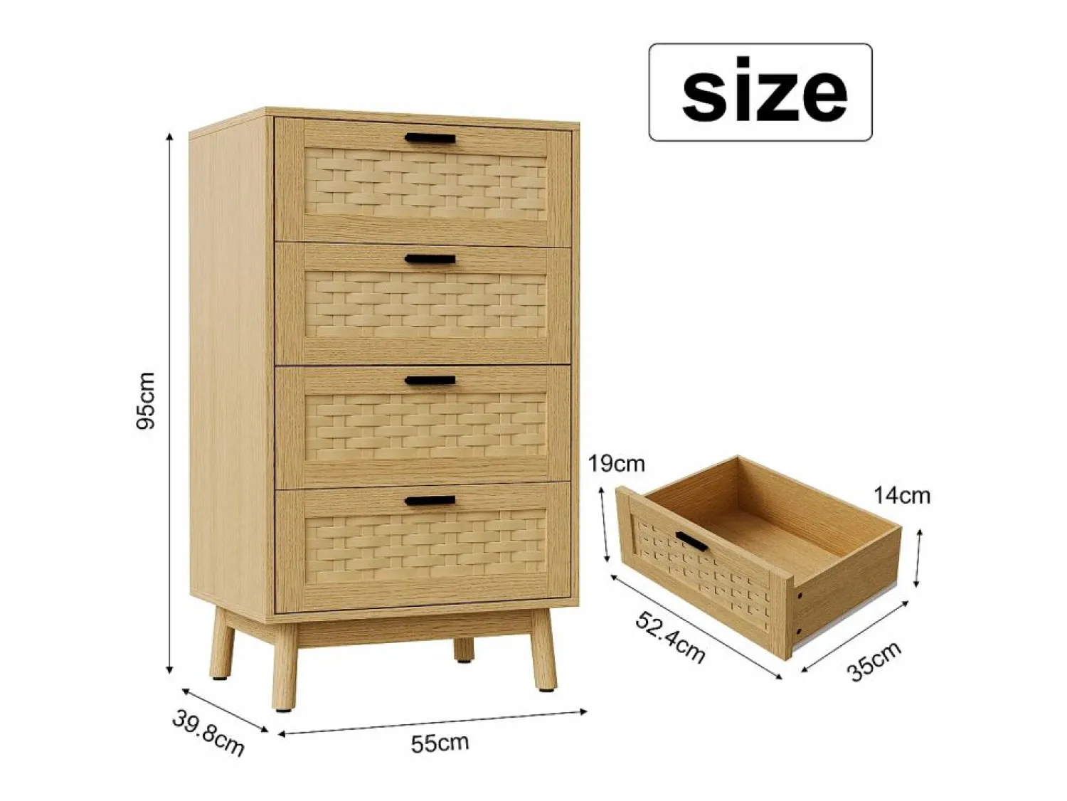 Hot Cómoda de mimbre con 4 cajones - con tiradores y patas - 55 x 39,8 x 95 cm - mueble de almacenaje - color roble Muebles Niño