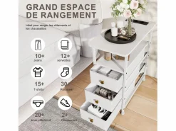 Clearance Cómoda estrecha de 3 cajones, mesita de noche con función de carga y tira de luz, mesa auxiliar con cajones, 30 x 60 x 62 cm, Blanco