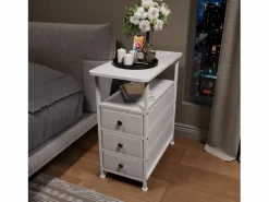 Clearance Cómoda estrecha de 3 cajones, mesita de noche con función de carga y tira de luz, mesa auxiliar con cajones, 30 x 60 x 62 cm, Blanco