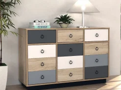 Vente-unique Cómoda KRYPTON de 3 cajones y 3 puertas - Roble, blanco, gris