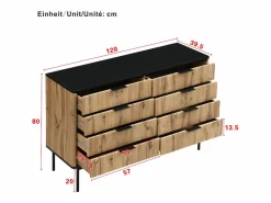 New Cómoda moderna de 8 cajones - 120 x 39,5 x 80 cm - para salón/comedor/pasillo - MDF - + natural Cómoda