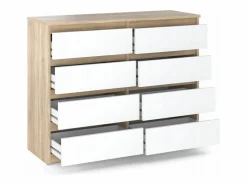 Cómoda moderna de 120 cm en roble Sonoma blanco con 8 cajones – Gran mueble de almacenamiento para el salón