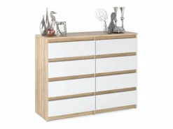 Cómoda moderna de 120 cm en roble Sonoma blanco con 8 cajones – Gran mueble de almacenamiento para el salón