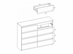 Cómoda moderna de 120 cm en roble Sonoma blanco con 8 cajones – Gran mueble de almacenamiento para el salón