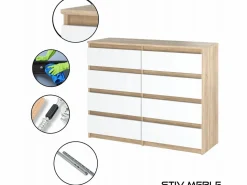 Cómoda moderna de 120 cm en roble Sonoma blanco con 8 cajones – Gran mueble de almacenamiento para el salón