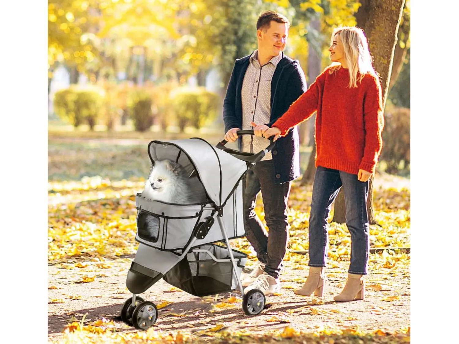 Hot Cochecito plegable para perros y gatos, tejido oxford resistente, color , con mosquitera y freno de estacionamiento (75x45x97 cm) Gris