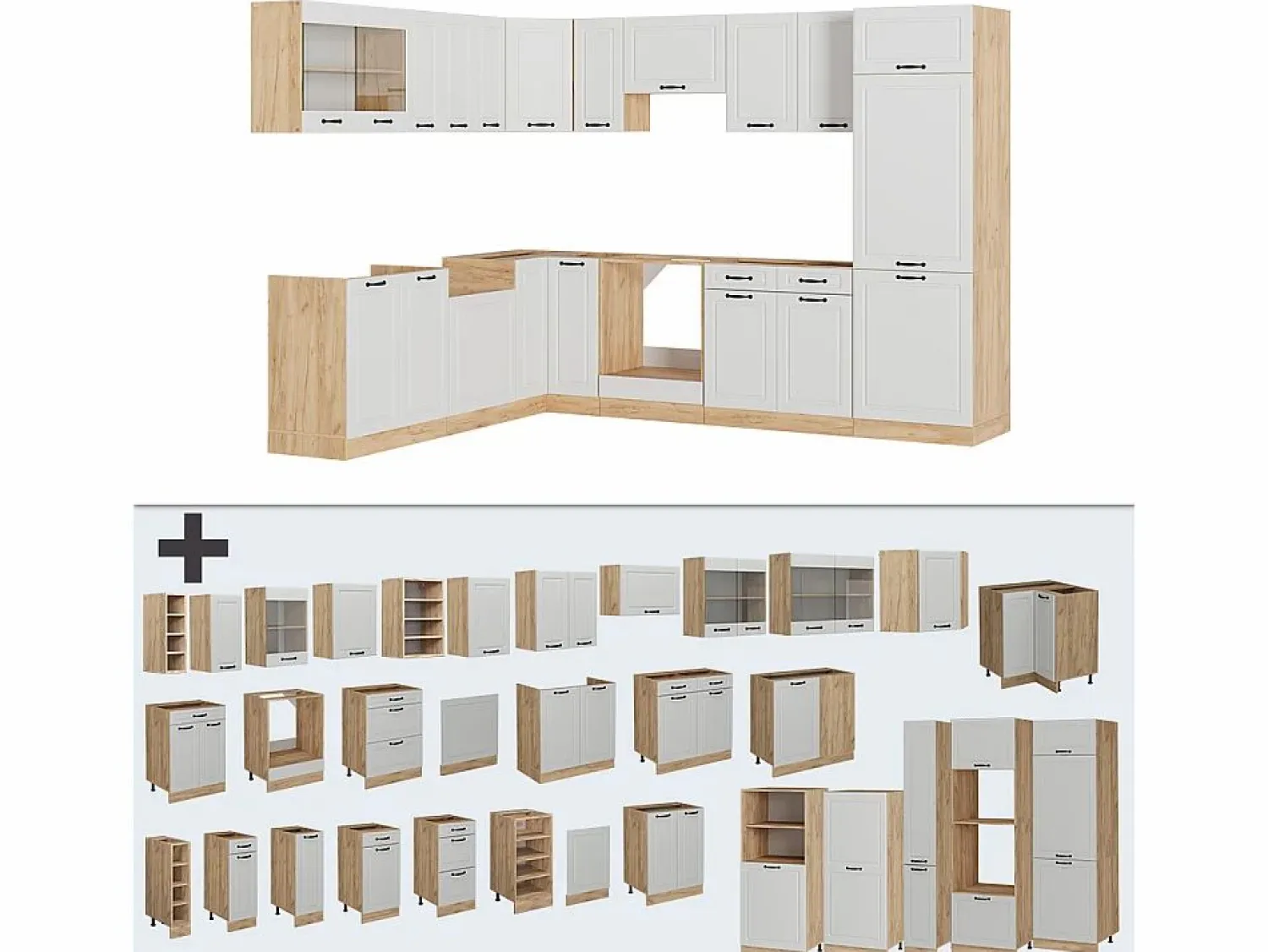 Discount Cocina esquinera casa de campo blanca/roble dorado 287x46x81.6 r-line Cocina Completa