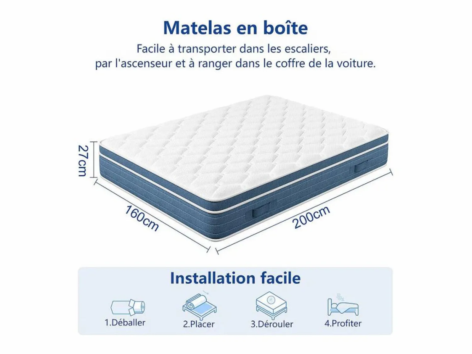 New DripeX Colchón Híbrido 160x200cm - esp.27cm - muelles ensacados 7 zonas - hipoaalergénico - transpirable - Medio-Firme