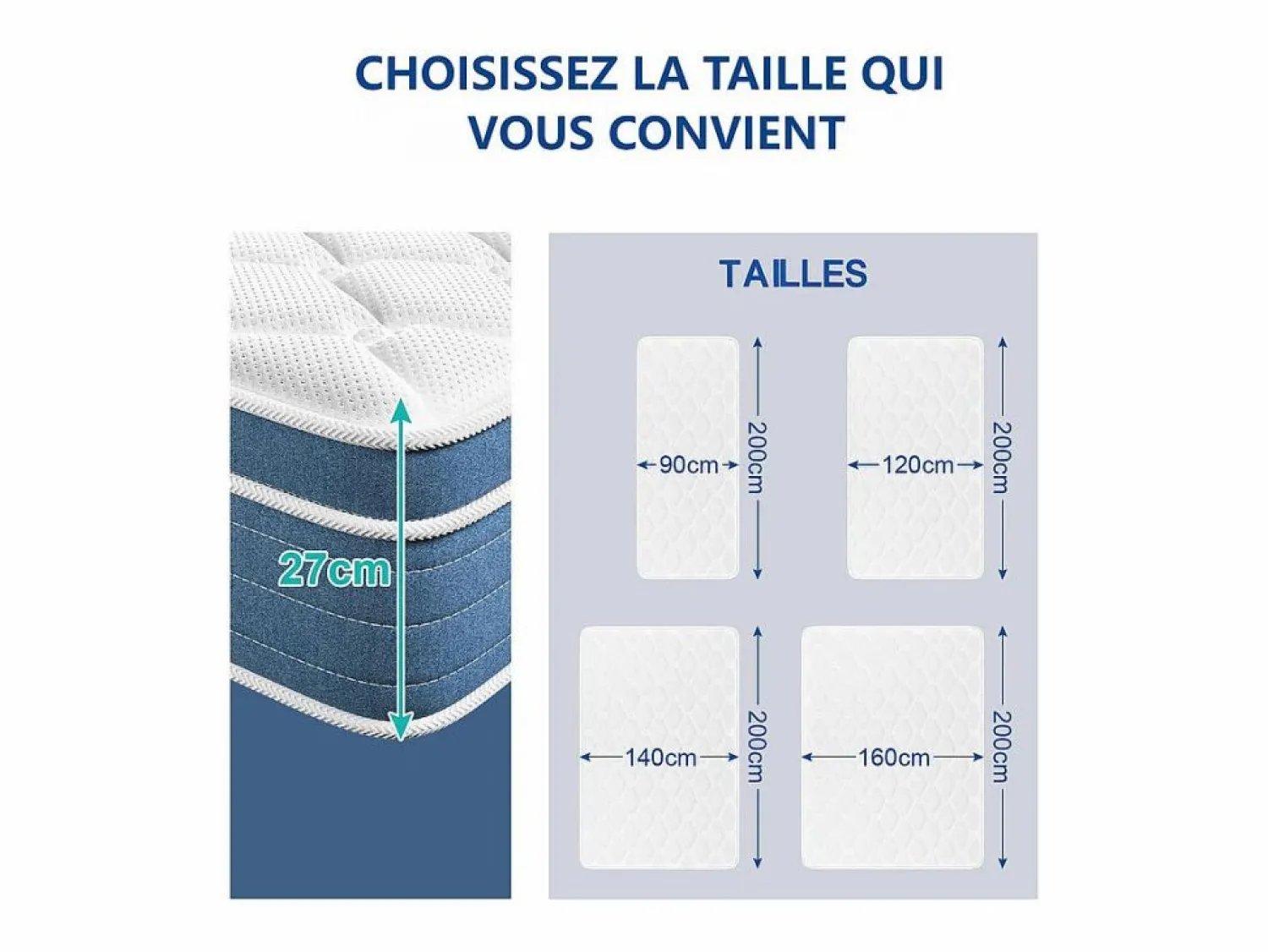 New DripeX Colchón Híbrido 160x200cm - esp.27cm - muelles ensacados 7 zonas - hipoaalergénico - transpirable - Medio-Firme