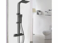 New Aica Columna de Ducha Termostática Mate | Alcachofa Cuadrada Grande | Barra Regulable 73-115cm| Sistema de Ducha Superior Negro