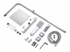 Aica Columna de Ducha Termostática Cromado, Alcachofa Cuadrada y Ducha Superior Grande 20 cm con Barra Redonda Regulable
