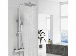 Discount Aica Columna de Ducha Termostática Cromado | Alcachofa Cuadrada Grande | Barra Regulable 73-115 cm | Sistema de Ducha Superior Plateado