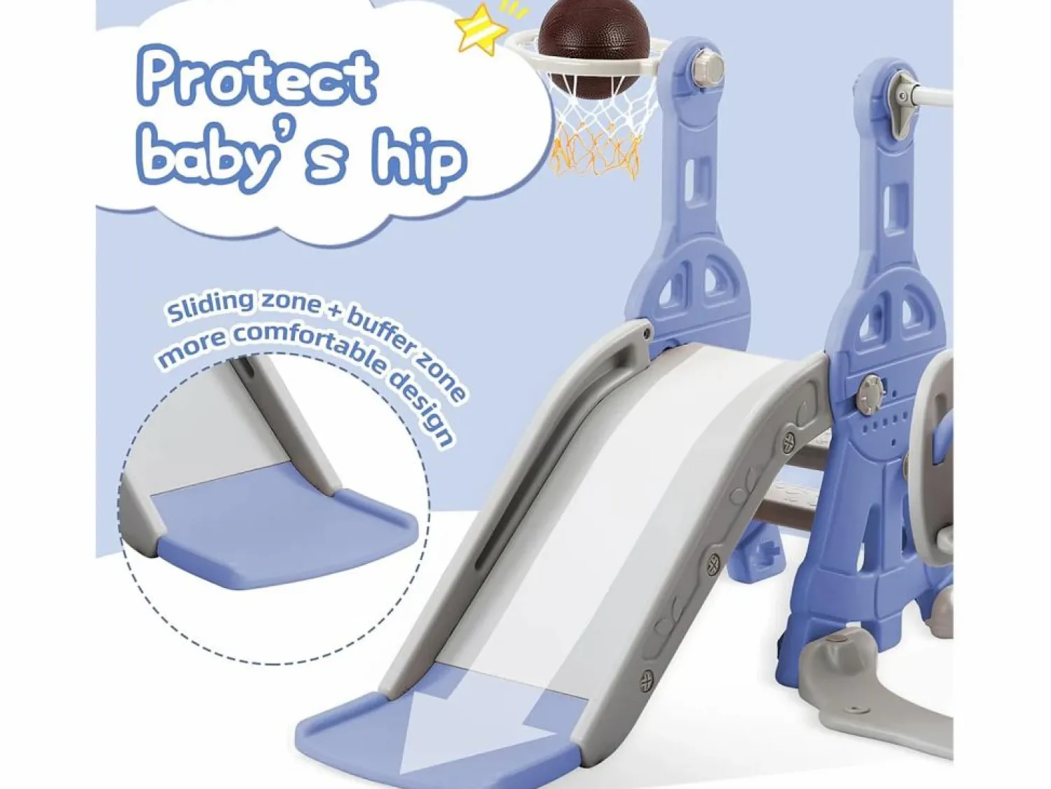 Discount Columpio infantil 4 en 1 con tobogán, escalera, columpio y aro de baloncesto - Interior/Exterior - Azul