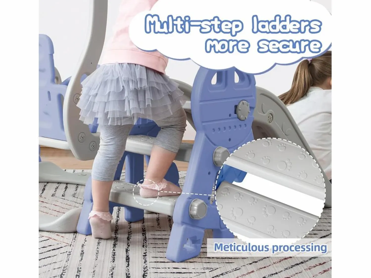 Discount Columpio infantil 4 en 1 con tobogán, escalera, columpio y aro de baloncesto - Interior/Exterior - Azul