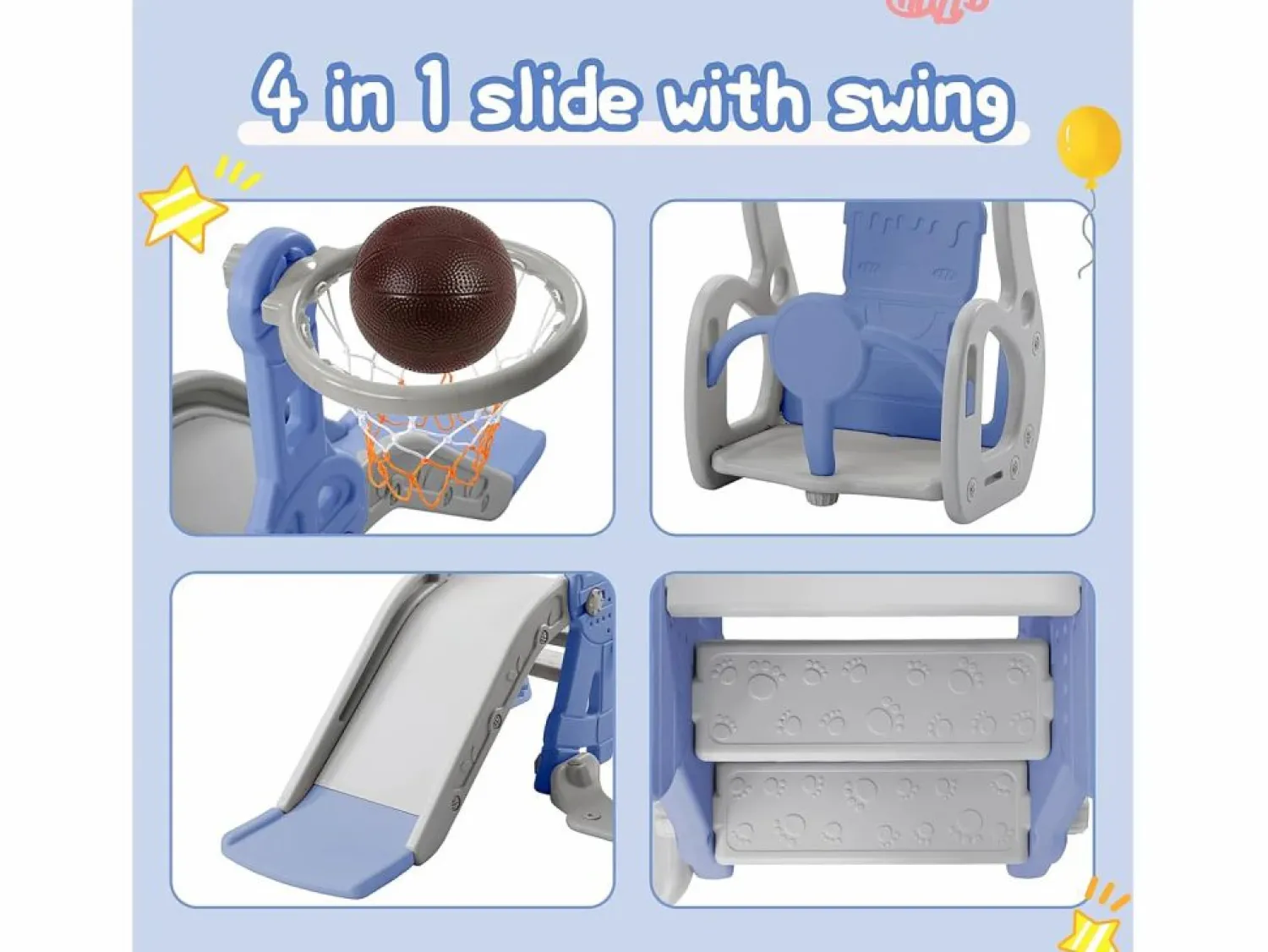 Discount Columpio infantil 4 en 1 con tobogán, escalera, columpio y aro de baloncesto - Interior/Exterior - Azul