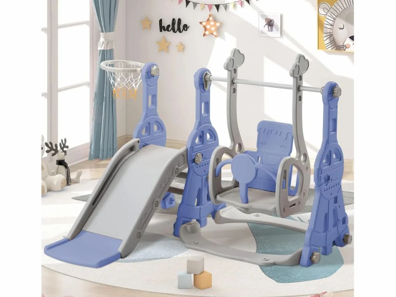 Discount Columpio infantil 4 en 1 con tobogán, escalera, columpio y aro de baloncesto - Interior/Exterior - Azul