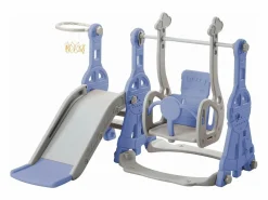 Columpio infantil con tobogán, escalera y columpio con canasta de baloncesto - Parque infantil 4 en 1 - Uso interior y exterior - Azul