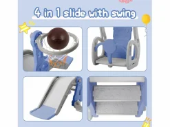 Columpio infantil con tobogán, escalera y columpio con canasta de baloncesto - Parque infantil 4 en 1 - Uso interior y exterior - Azul