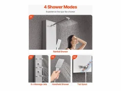 Clearance Coluna de Duche SucceBuy con Chuveiro Efeito Chuva en Acero Inoxidable, Torneira 4 Funciones, 6 Jatos Corporais, Chuveiro de Mão, 124 cm Plateado