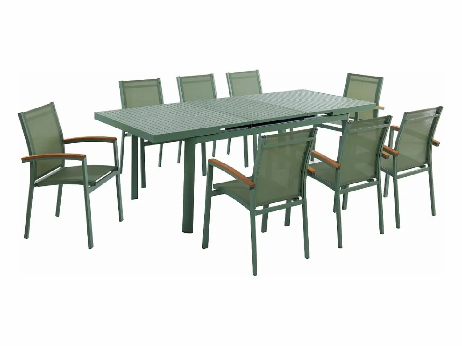 Clearance MYLIA Comedor de jardín aluminio mesa extensible 180/240 y 8 sillones - - NAURU Verde almendra