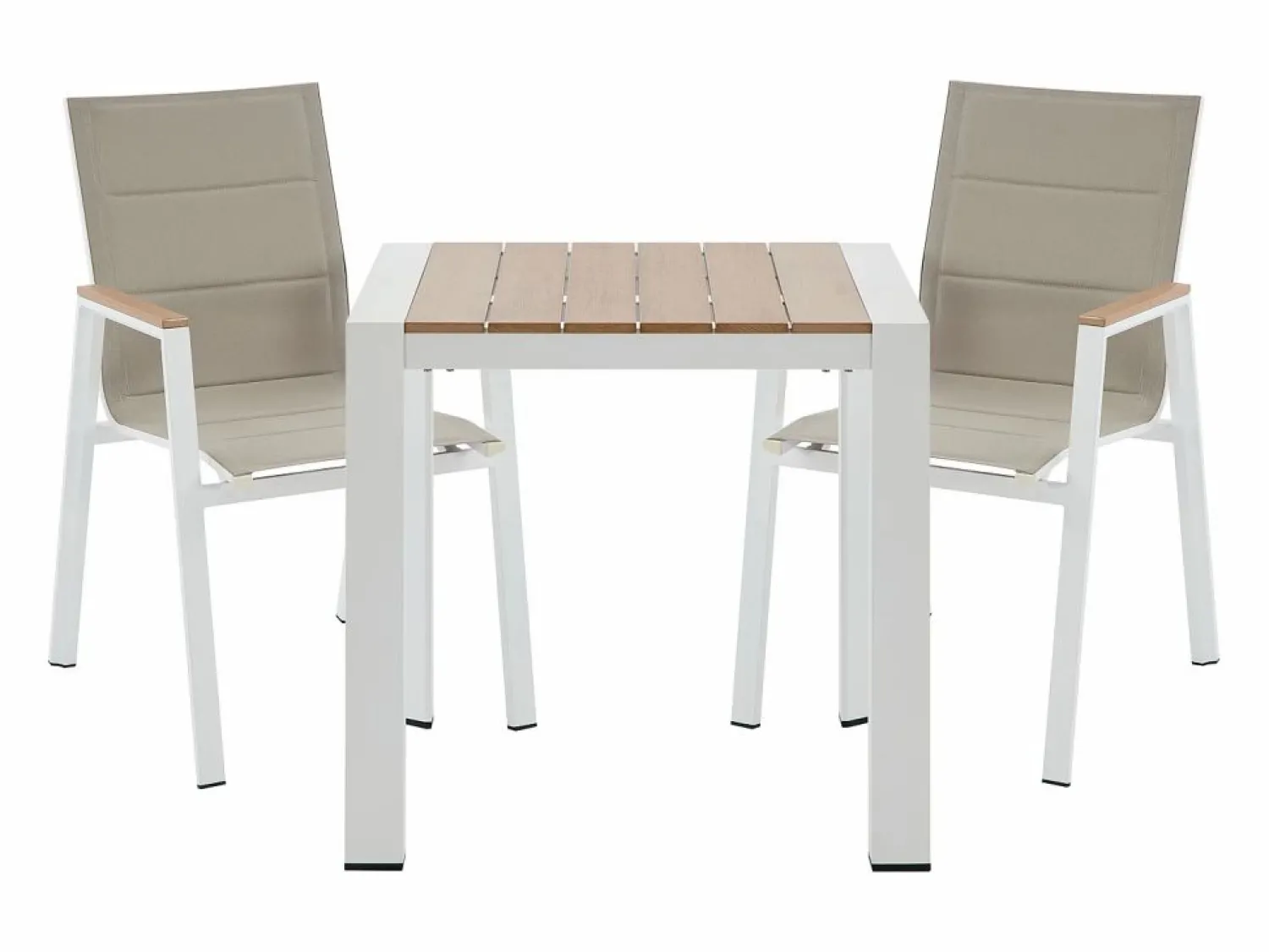 New MYLIA Comedor de jardín de aluminio: una mesa L.80 cm y 2 sillones apilables - Natural claro y blanco - LIOUS de Color natural claro / Blanco