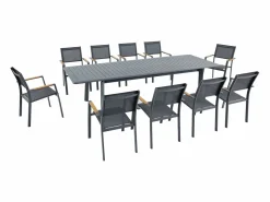 MYLIA Comedor de jardín de aluminio: una mesa extensible L.205/286,5 cm y 10 sillones apilables - Antracita - MACILA de