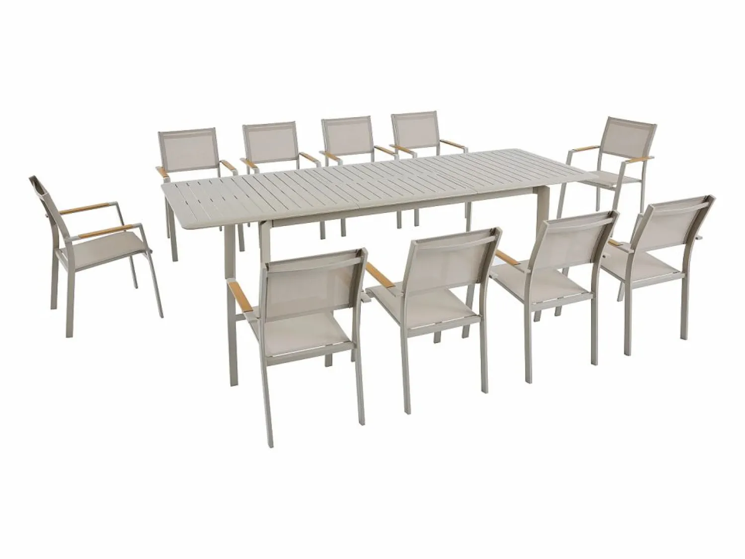 Clearance MYLIA Comedor de jardín de aluminio: mesa extensible L.205/286.5 cm y 10 sillones apilables - Taupe - MACILA de Topo