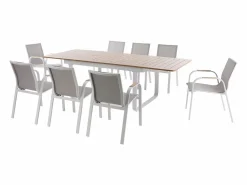 Sale MYLIA Comedor de jardín de aluminio: mesa extensible de aluminio L.155/246 cm y 8 sillones - Natural claro y blanco - SERUNO de Color natural claro / Blanco