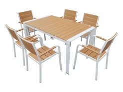 New Comedor de jardín de aluminio: una mesa L.150 cm y 6 sillones apilables - Natural claro y blanco - NYROS de Comedores De Jardín