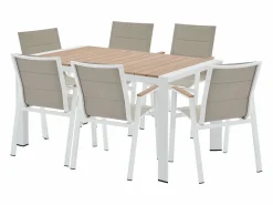 MYLIA Comedor de jardín de aluminio: una mesa L.150 cm y 6 sillones apilables - Natural claro y blanco - LIOUS de