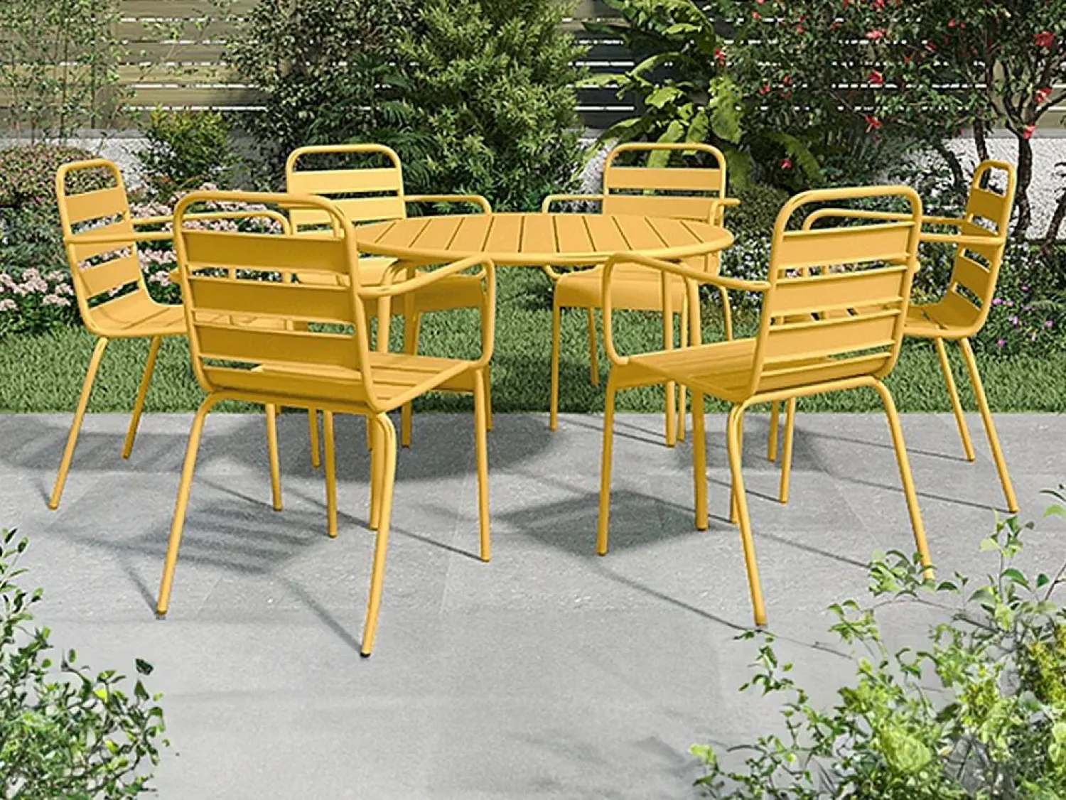 Online Comedor de jardín de metal - Mesa redonda D.130cm y 6 sillones apilables - Amarillo - MIRMANDE de Comedores De Jardín
