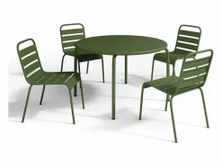 MYLIA Comedor de jardín de metal - Mesa D.110 cm y 4 sillas apilables Verde