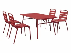 New MYLIA Comedor de jardín de metal: 1 mesa L.160 cm + 4 sillas - - MIRMANDE Rojo