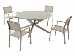 MYLIA Comedor de jardín de metal: mesa redonda extensible L.150/200 cm y 4 sillones apilables - - YOHA de