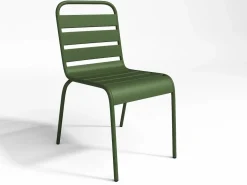 Hot MYLIA Comedor de jardín de metal: Mesa An. 160 cm y 4 sillas apilables Verde Caqui