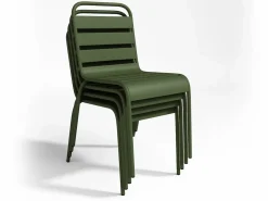 Hot MYLIA Comedor de jardín de metal: Mesa An. 160 cm y 4 sillas apilables Verde Caqui