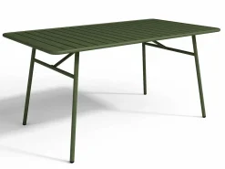Hot MYLIA Comedor de jardín de metal: Mesa An. 160 cm y 4 sillas apilables Verde Caqui